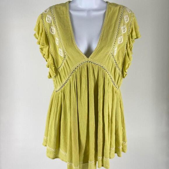 Chic Bohemian Style Free People Blouse - Soft Yellow with Embroidery - Picture 1 of 4
